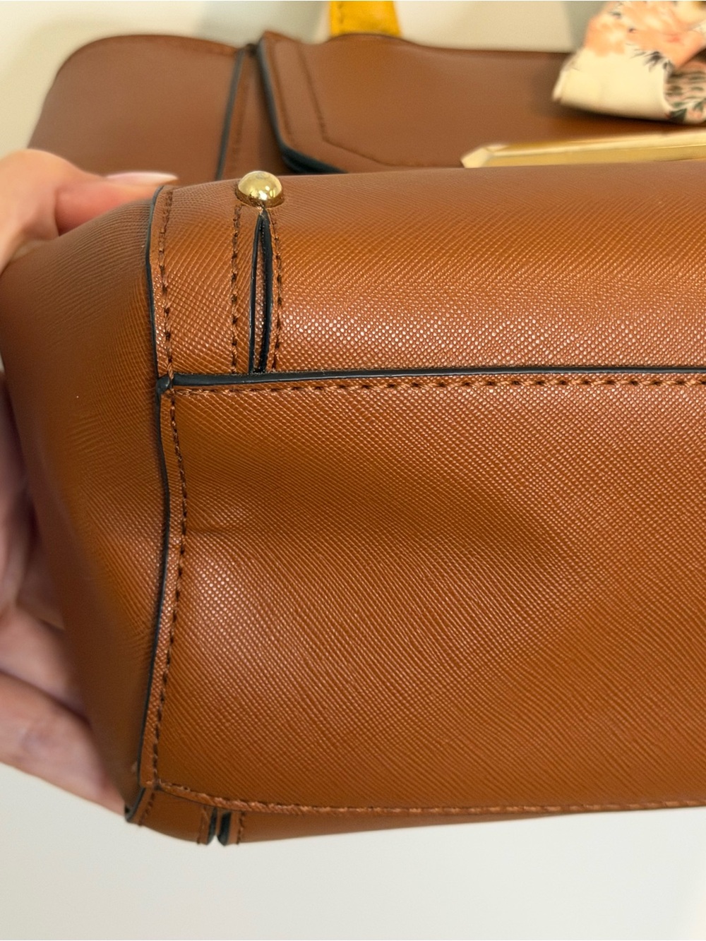 Steve Madden Tan Satchel with Yellow Top Handle and Floral Scarf - Picture 4 of 10